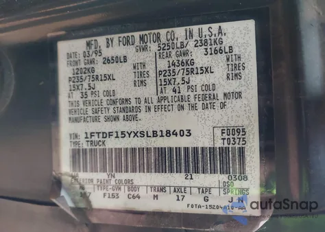 1995 Ford F150 z USA, uszkodzony, nr VIN 1FTDF15YXSLB18403